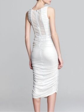 Alice + Olivia White Ruched Sheer-Back Midi Dress